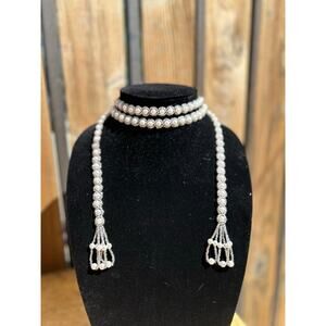 Beaded Lariat Faux Pearls Tassels Necklace Unmarked Adjustable 45in long